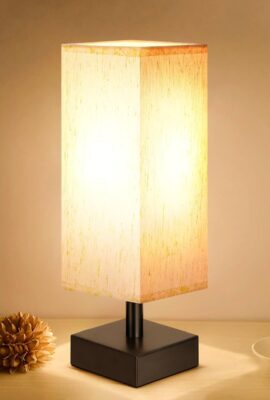 Small Table Lamp for Bedroom – Bedside Lamps for Nightstand, Minimalist Night Stand Light Lamp with Square Fabric Shade, Desk Reading Lamp for Kids Room Living Room Office Dorm