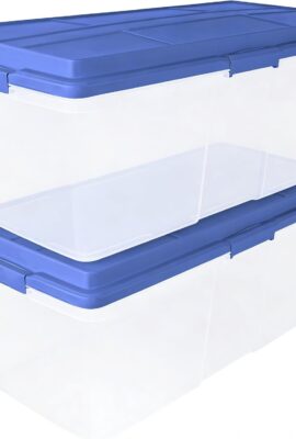 2 Pack 113 Quart Clear Plastic Storage Bins, Stackable with Locking Latches & Smoke Blue Lid, Dust-Resistant Organizer for Garage, Home, Office, Attic, Store Seasonal Decor, Tools, Crafts, Blankets