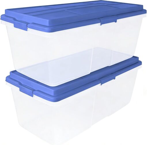 2 Pack 113 Quart Clear Plastic Storage Bins, Stackable with Locking Latches & Smoke Blue Lid, Dust-Resistant Organizer for Garage, Home, Office, Attic, Store Seasonal Decor, Tools, Crafts, Blankets