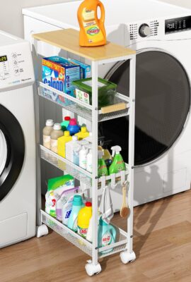 TIPGO Utility Slim Storage Cart, 4 Tier Rolling Cart with Wheels, Narrow Storage Cabinet for Bathroom, Laundry Shelves for Room Organization, Small Organizer for Kitchen, Office and Dorm (White)