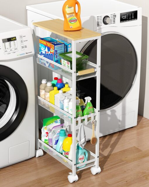 TIPGO Utility Slim Storage Cart, 4 Tier Rolling Cart with Wheels, Narrow Storage Cabinet for Bathroom, Laundry Shelves for Room Organization, Small Organizer for Kitchen, Office and Dorm (White)