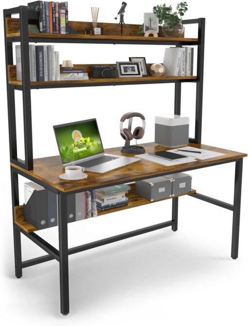 Aquzee Computer Desk with Hutch, 47“W x 23.6″ D Desk with Shelves, Tall Home Office Desk with Bookshelf, Metal Legs Study Table with Upper Storage Shelf for Study Writing/Workstation
