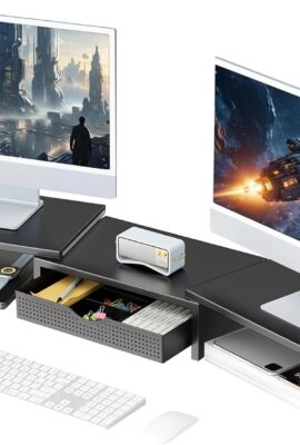 gianotter Dual Monitor Stand Riser, Desk Organizer With Drawer and 2 Pen Holders, Computer Monitor Stand, Shelf for Top of Desk, Black