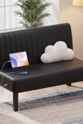 STHOUYN 43″ W Mini Small Black Leather Couch Armless Loveseat...