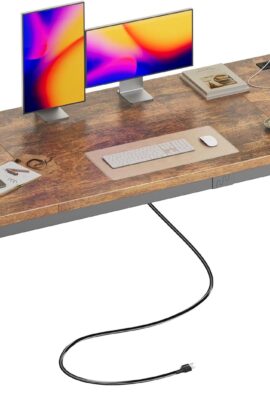 Huuger 63 x 24 inch Desk with Power Outlets & USB-C, Deeper & Thicker Desktop, Robust Metal Tubes, Computer Desk, Heavy Duty Office Desk, Work Gaming Desk, for Home Office, Rustic Brown