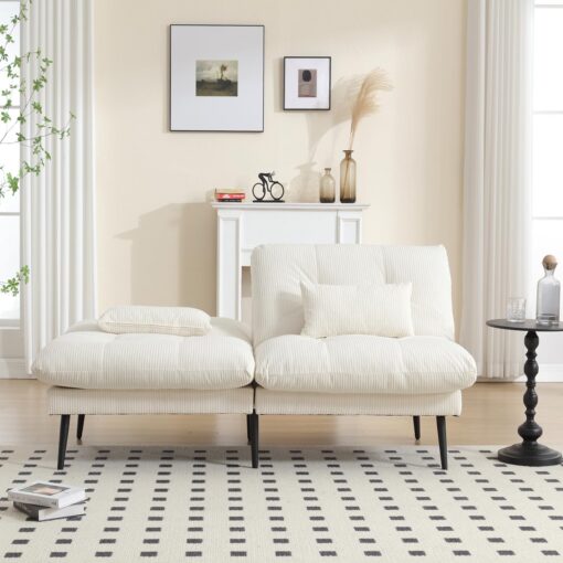 72” Convertible Futon Couch Bed with 3 Adjustable Backrest, Comfy Sleeper Sofa Bed Small Splitback Modern Corduroy Loveseat for Living Room, Bedroom, Office, Apartment, Dorm, Off White