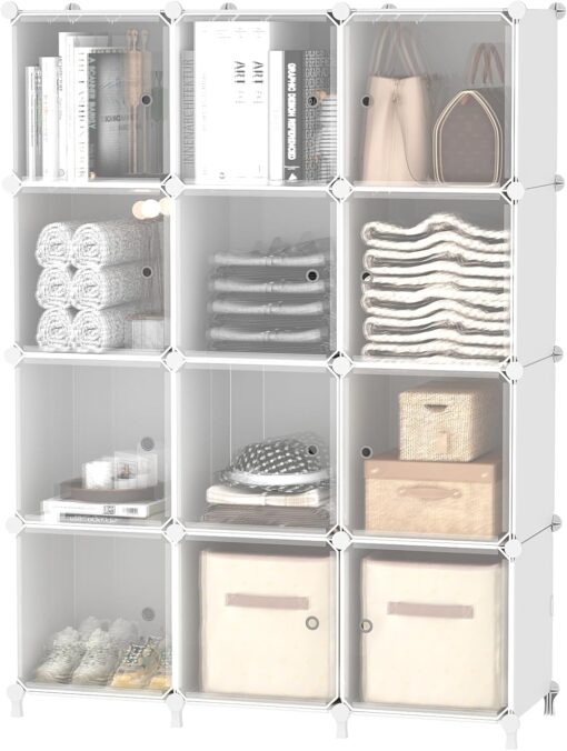 AWTATOS Cube Storage Closet Organizer 12 Cube Storage Shelves with Doors Closet Organizers and Storage Stackable Clothes Organizer for Bedroom, Home Office, White
