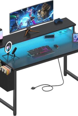 Lufeiya Black Gaming Desk with LED Lights and Power Outlets, 40 Inch Teen Writing Study Table Home Office Desks with Monitor Stand, Computer Desk with Charging Station USB Port, Black