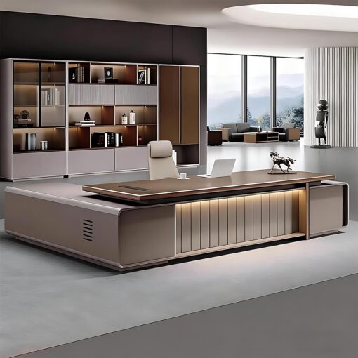 Modern Executive Desk – L Shaped Office Table with Hidden Electrical Hole, Solid Wood Office Desk with 2 Drawers and Cabinets, Easy Installation (70.8IN)