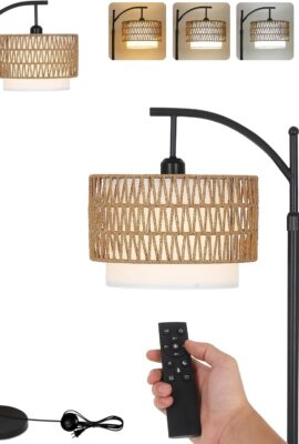 Arc Floor Lamp for Living Room with 3 Color Temperatures, Farmhouse Floor Lamps with Remote & Dimmable Bulb, Boho Standing Lamp with Rattan & Fabric Shades, Adjustable Tall Lamp for Bedroom, Office