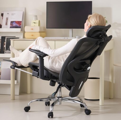 Ergonomic Office Chair, 3-Level Tilt Backrest, 3D Headrest, 3D Armrest and Retractable Footrest, Mesh Breathable SGS Class 4 Gas Clylinder, Black