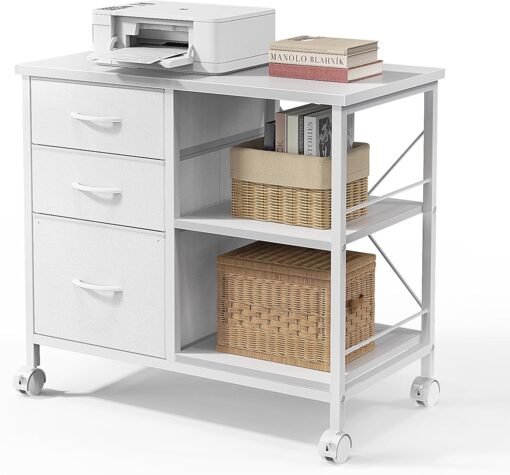 DUMOS 3-Tier Mobile File Cabinet, Printer Stand with Storage, Office Table with Drawers and Back Support Bar, Holds 110lb for Home Office, Rustic White