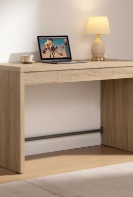 SICOTAS Computer Desk Writing Table – 47-Inch Wooden Study Desk for Bedroom, Farmhouse Home Office Desk with Drawer, Boho Makeup Vanity Table for Dormitory (Reclaimed Light Oak, 1 Piece)