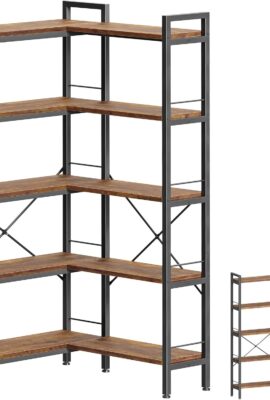 Huuger 5 Tier Bookshelf, L Shaped Corner Bookshelf with 10 Open Shelves, 49.4 Inch Straight Wide Bookcase with Metal Frame and Wooden Board, Adjustable Feet, Rustic Brown