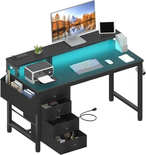 Lufeiya Gaming Desk with LED Lights and Power Outlets, 47 inch Computer Desk with Fabric Drawers, Reversible Home Office Desk with Monitor Stand, Black