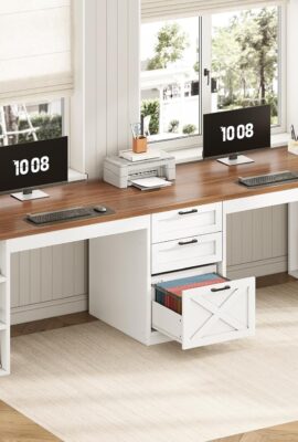 SEDETA Farmhouse 96.5″ Computer Desk with Drawers, 2 Person...