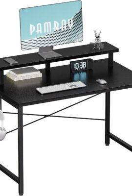 Pamray 32 Inch Small Computer Desk with Monitor Stand, Simple Office Desk with Headphone Hook for Small Spaces, Kids Study Writing Table for Bedroom, Black