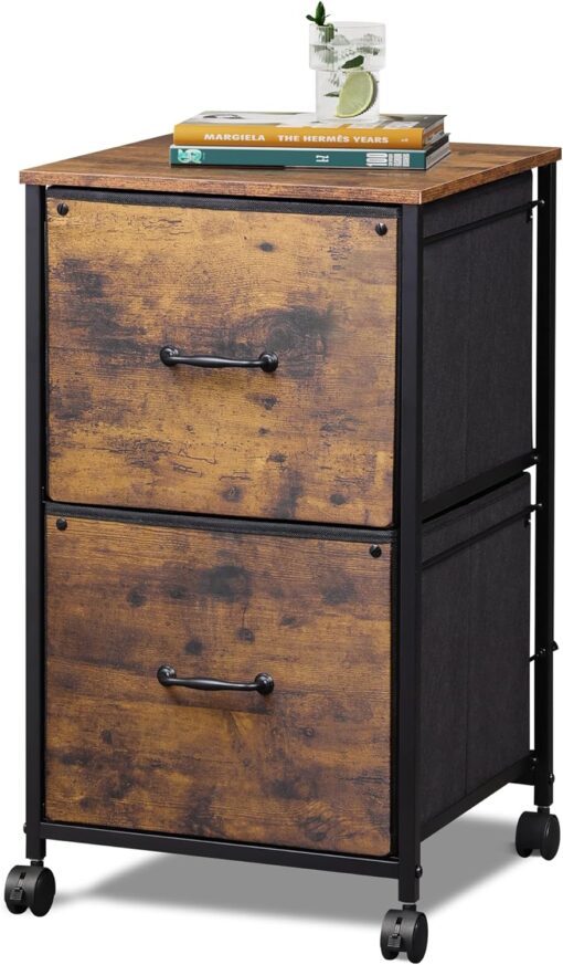 DEVAISE 2 Drawer Mobile File Cabinet, Rolling Printer Stand, Fabric Vertical Filing Cabinet fits A4 or Letter Size for Home Office, Rustic Brown Wood Grain Print