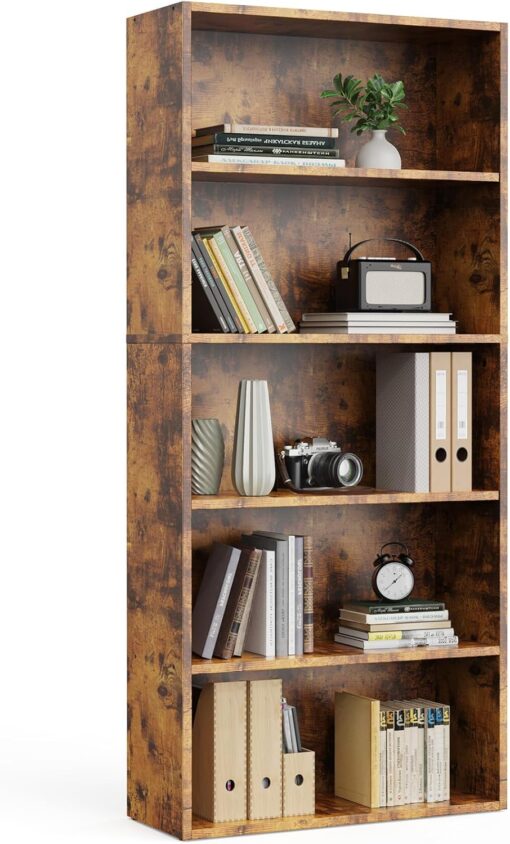 Sweetcrispy Industrial 5 Shelf Bookcase – Large 53 Inch Tall Floor Standing Open Bookshelf with Anti-Tipping Device for Home Office, Living Room, and Bedroom Storage, Rustic Brown
