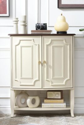 30″ Accent Cabinet with Layered Panel Doors, Cream Storage Cabinet with Curved Wood Top, Adjustable Shelf & Open Bottom Shelf for Living Room or Entryway