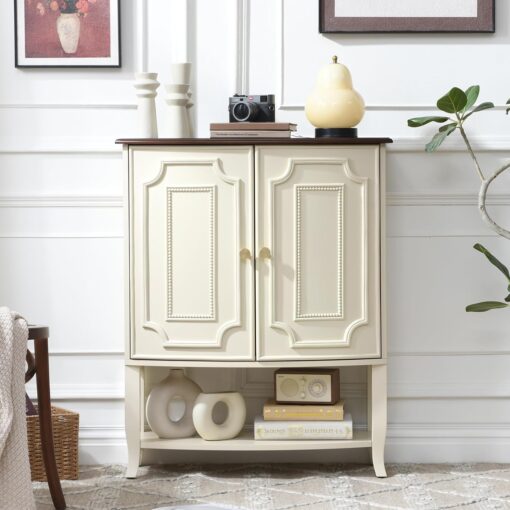 30″ Accent Cabinet with Layered Panel Doors, Cream Storage Cabinet with Curved Wood Top, Adjustable Shelf & Open Bottom Shelf for Living Room or Entryway