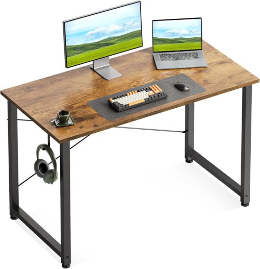 Casaottima 40 Inch Small Computer Desk for Home Office, Study Writing Table for Small Spaces, Simple Modern Desk with Headphone Hooks, Rustic Brown