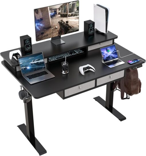 Electric Standing Desk, 48 * 30 Inches Adjustable Height with 4 Drawers, Double Storage Shelves, Home Office Workstation Sit Stand up Desk (Classical Black)