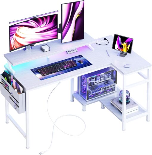 DUMOS Gaming Desk, Computer Desk with USB Charging Ports, Power Outlets, Type-C and LED Lights, Reversible L Shaped Desk with Storage Shelves & Monitor Stand for Office Gaming Room White 40IN