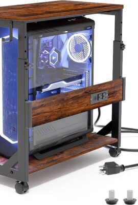 Height Adjustable Computer Tower Stand with Charge Station and USB Charging Port, 2-Tier ATX-Case Cart, Under Desk Mobile PC Stand, CPU Holder Cart with Locking Caster Wheels for Fits Most PC