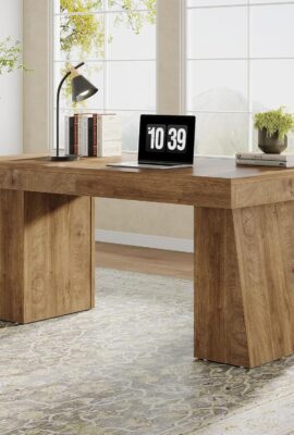 Tribesigns 55″ Executive Desk, Wooden Office Desk with Double Pedestal, Modern Simple Computer Writing Table for Home Office, Light Brown