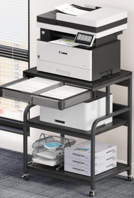 EasyCom 23.6”x18.9” Extra Large Printer Stand with Drawer, 5-Adjustable Heights 3 Tier Table with Wheels, Rolling Printer Cart with Storage for Printer Scanner Fax Home Office Use