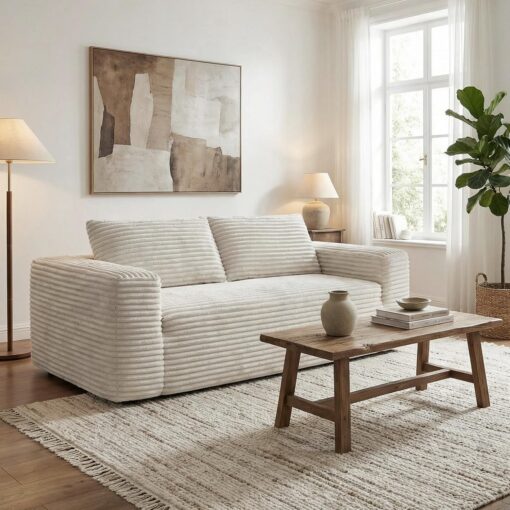 LIKIMIO 71″ Boneless Loveseat Sofa in a Box，Corduroy Deep Seat Cloud Couch, No Assembly Required, Space-Saving Design for Compact Living Room, Apartment, Home Office, Beige