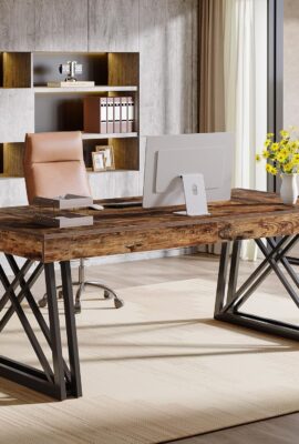 Tribesigns 63-Inch Executive Desk, Farmhouse Office Computer Desk with Sturdy X-Shaped Legs, Large Writing Table Business Furniture Workstation for Home Office, Study (Rustic Brown & Black)