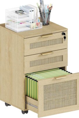 HOPUBUY 3 Drawer File Cabinet with Lock, Rattan File Cabinets with Wheels, Small Filing Cabinet for Hanging A4/Letter/Legal/F4, Rolling Wood Filing Cabinets for Under Desk Home Office, Oak