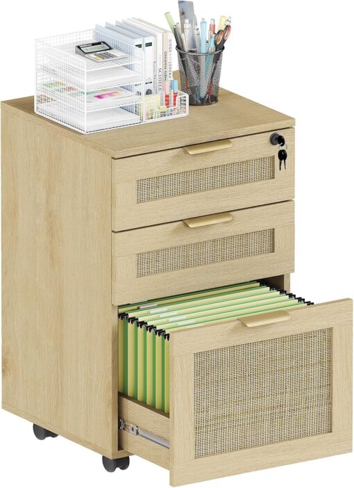 HOPUBUY 3 Drawer File Cabinet with Lock, Rattan File Cabinets with Wheels, Small Filing Cabinet for Hanging A4/Letter/Legal/F4, Rolling Wood Filing Cabinets for Under Desk Home Office, Oak