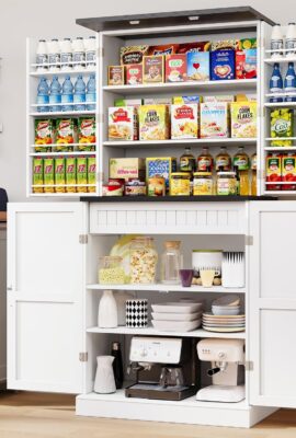 72″ Farmhouse Cabinet, Tall Pantry Cabinet with Wide Drawer, Freestanding Storage Cabinet with 4 Adjustable Shelves, Wood Cabinets for Kitchen, Dining Room, Office or Entryway, White