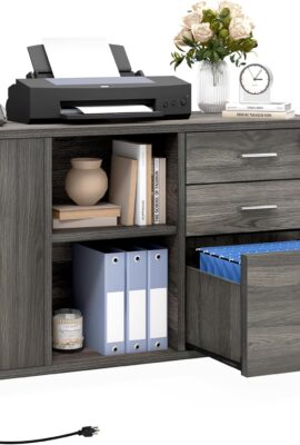 DWVO File Cabinet with Charging Station, 3 Drawer Mobile Filing Cabinet with Lock, Printer Stand with Open Storage Shelf for Home Office, Grey