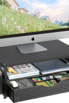 Spacrea Desk Organizer and Accessories, Computer Monitor Stand Riser with Drawer and 2 Pen Holders, Office Desk Accessories & Workspace Organizers for Office Supplies (Black)