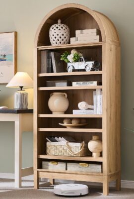 71″ Tall Arched Bookshelf, 7 Tiers Arch Bookcase with Storage, Modern Farmhouse Book Shelf with Adjustable Shelves, Wood Bookshelf w/Open Display Shelves for Living Room, Office (Natural)