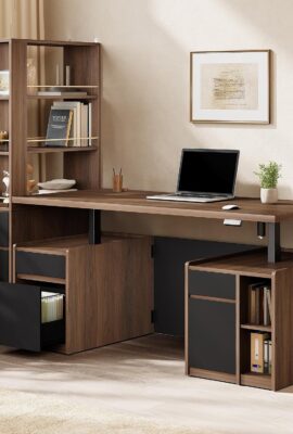 Furniture Set, 70.8” Executive Standing Desk with 71” Tall Bookcase, AC/USB, File Cabinet, Double-Sided Narrow Display Shelves, Home Office Wood Storage Furniture, Black Walnut