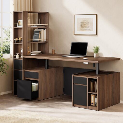 Furniture Set, 70.8” Executive Standing Desk with 71” Tall Bookcase, AC/USB, File Cabinet, Double-Sided Narrow Display Shelves, Home Office Wood Storage Furniture, Black Walnut