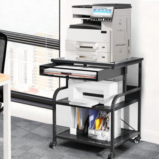 TFK 3-Tier Printer Stand with Drawer, Adjustable Shelf, Rolling Casters, 23.6 x 18.9 x 30 Inch Heavy Duty Printer Cart for Home Office, Large Printers, 3D Printers, Fax & Heat Press, Black