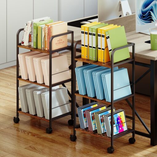 Rolling Book Cart with Removable Dividers, 3-Tier File Cart with Wheels, Utility Storage Rack for Office, Home, Classroom, Art Supply Organizer, Binder and Laptop Shelf Rack