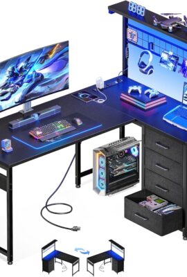 MOTPK 43” L Shaped Gaming Desk for Small Rooms, Compact Corner Computer Table with Shelf & Hutch, 4 Drawers, Reversible Study Desk with LED Light, Power Outlets & USB Ports, Home Office Table, Black