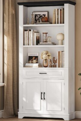 SEDETA Farmhouse Bookshelves and Bookcases with Doors and Drawer, Bookshelf with Storage, Floor Standing 6 Shelf Display Storage Shelves 70 in Tall Bookshelf for Home Office, Living Room, White