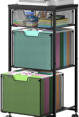 3 Drawer Mobile File Cabinet for Home Office, Rolling Filing Cabinet on Lockable Wheels, Hanging File Folders Organizer, Utility Cart Storage and Organizer, Printer Stand, Black