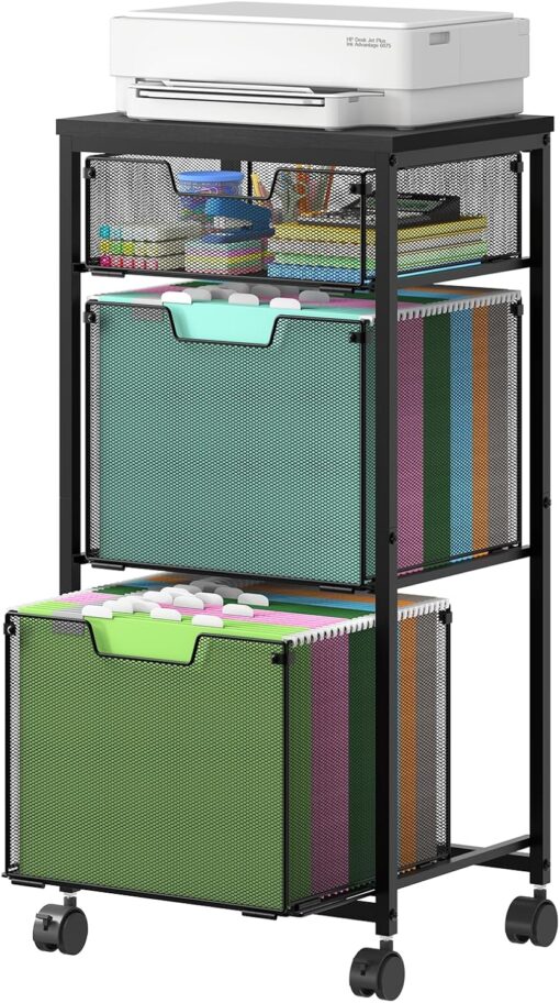 3 Drawer Mobile File Cabinet for Home Office, Rolling Filing Cabinet on Lockable Wheels, Hanging File Folders Organizer, Utility Cart Storage and Organizer, Printer Stand, Black