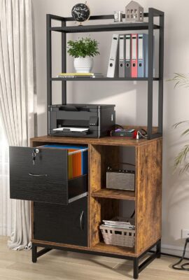 Homieasy Vertical Filing Cabinet with Bookshelf for Home Office, File Cabinet with Shelves, Lock & Charging Station, Drawer Office File Cabinets with Printer Stand, fits Letter Size, Rustic Brown