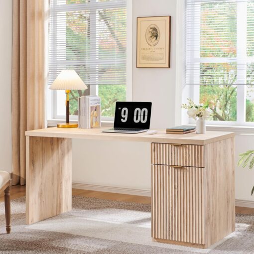 JXQTLINGMU 60″ Modern Executive Desk with Storage, Wood Home Office Desk with Drawer & Cabinet, Fluted Computer Writing Desk for Study, Living Room, Bedroom, Oak