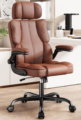 Executive Leather Office Chair, Computer Chair with Thick Cushion & Lumbar Support, Ergonomic Desk Chair with Adjustable Headrest & Armrests,Brown